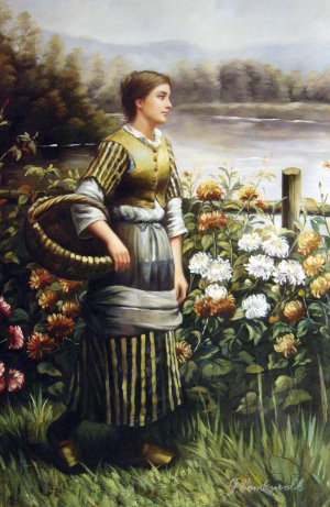 Daniel Ridgway Knight, Maid Among The Flowers, Painting on canvas