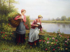 Daniel Ridgway Knight, Maria And Madeleine Fishing, Painting on canvas