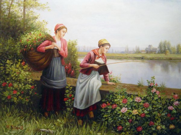 Maria And Madeleine Fishing. The painting by Daniel Ridgway Knight