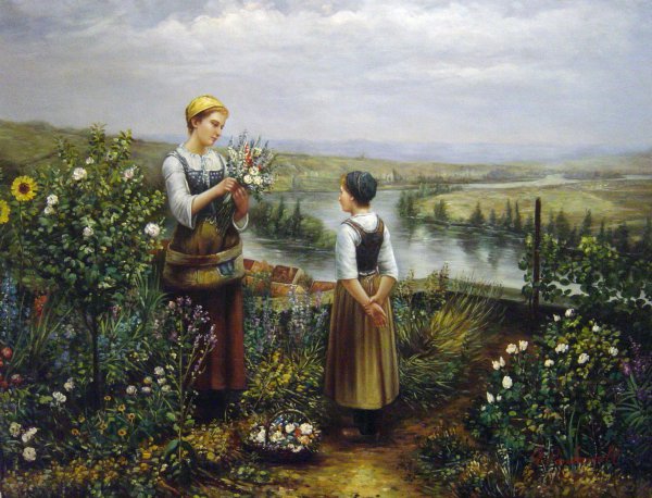 Picking Flowers. The painting by Daniel Ridgway Knight