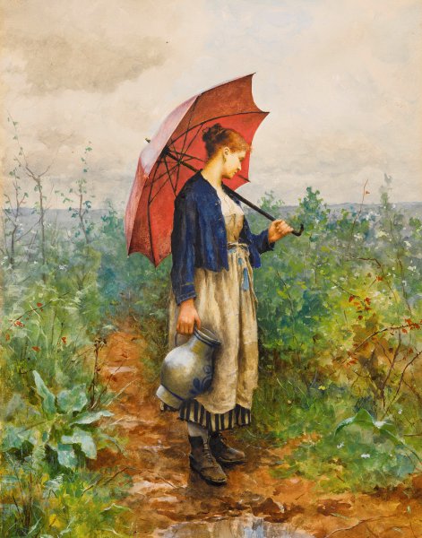 Portrait of a Woman with Umbrella Gathering Water. The painting by Daniel Ridgway Knight