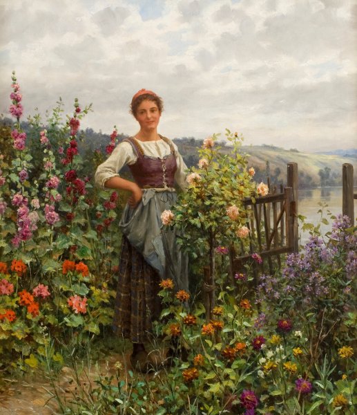 Tending the Flowers. The painting by Daniel Ridgway Knight