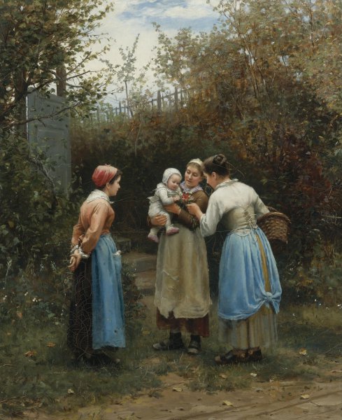 The First Born (Morning Greeting). The painting by Daniel Ridgway Knight