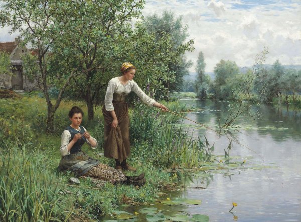 Two Women Fishing. The painting by Daniel Ridgway Knight