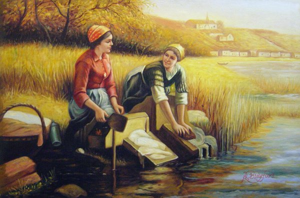Women Washing Clothes by a Stream. The painting by Daniel Ridgway Knight