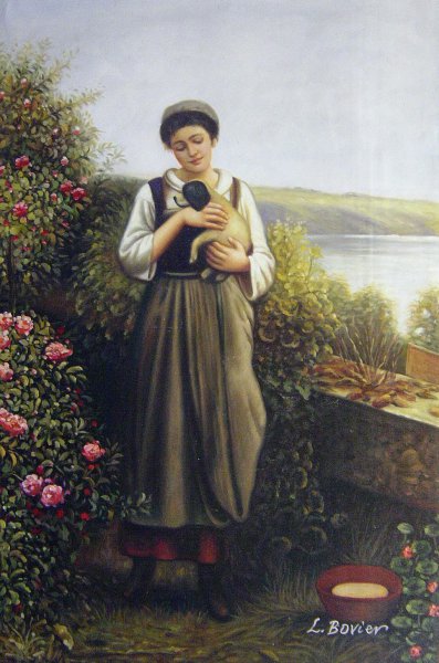 Young Girl Holding a Puppy. The painting by Daniel Ridgway Knight