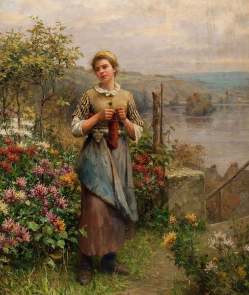 Young Woman Knitting. The painting by Daniel Ridgway Knight