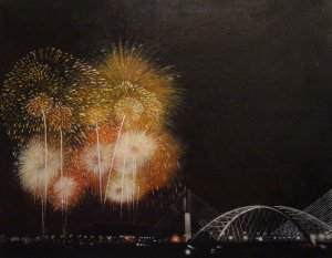 Reproduction oil paintings - Our Originals - Dazzling Fireworks Over The Bridge