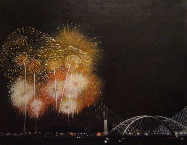 Dazzling Fireworks Over The Bridge. The painting by Our Originals