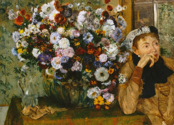 A Woman Seated Beside a Vase of Flowers. The painting by Edgar Degas