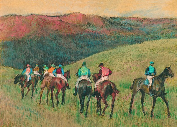 Eight Racehorses in a Landscape. The painting by Edgar Degas