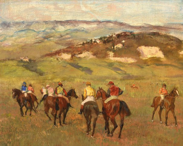 Jockeys on Horseback before Distant Hills. The painting by Edgar Degas