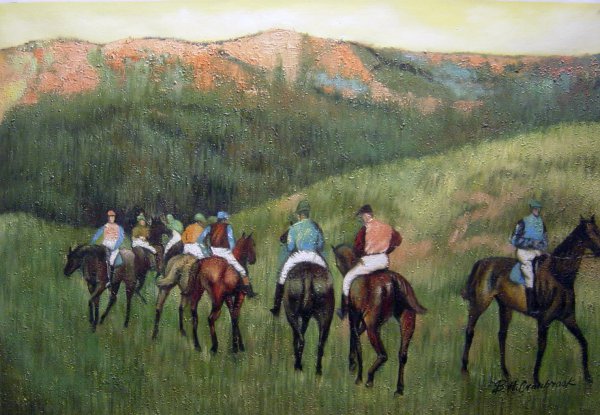Racehorses In A Landscape. The painting by Edgar Degas