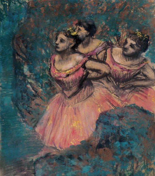 Three Dancers in Red Costume. The painting by Edgar Degas