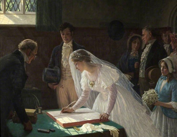 Signing the Register. The painting by Edmund Blair Leighton