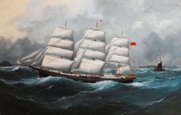 The Richard Rylands Passing the Fastnet Rock, 1881. The painting by Edouard Adam