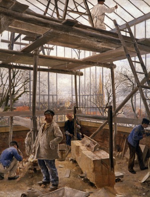 Edouard Joseph Dantan, Greenhouse Under Construction, Painting on canvas