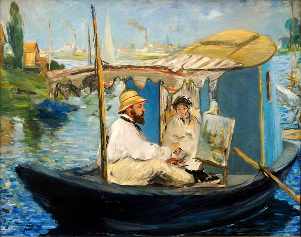 Monet Working in His Atelier Boat. The painting by Edouard Manet