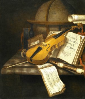 A Vanitas Still Life with a Violin, a Recorder and a Score of Music on a Mmarble Table-top