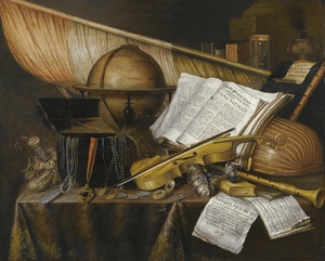 Famous paintings of Still Life: A Vanitas Still Life With Books, Leaflets, Globe, Princely Flag, Musical Score, and Musical Instruments