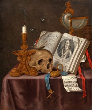 Vanitas Still Life with a Candlestick, a Skull, a Shell, Bubbles, a Watch, a Portrait of Charles I, and other Objects