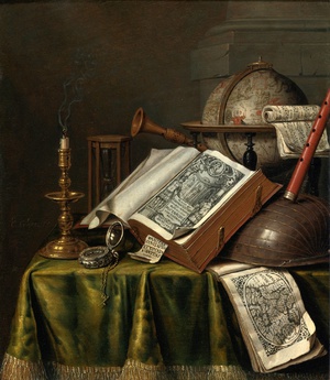 Edwaert Collier, Vanitas Still Life with a Candlestick, Books, Musical Intruments, an Astrological Globe, a Pocket Watch and Hourglass, Painting on canvas