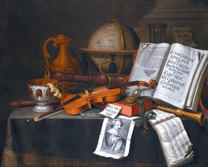 Edwaert Collier, Vanitas Still Life with a Globe, Violin and other Objects, Painting on canvas