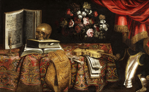 Edwaert Collier, Vanitas Still Life with Violin, Sheet Music, Vase and Skull, Painting on canvas