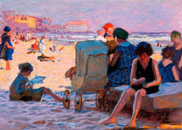 Baby Carriage on Beach. The painting by Edward Henry Potthast
