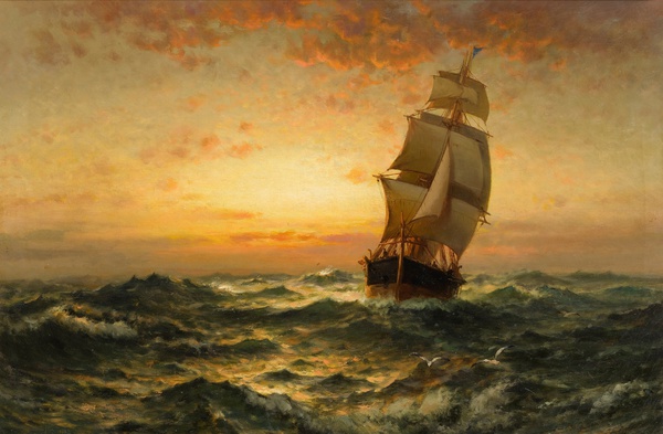 Ship at Sea. The painting by Edward Moran