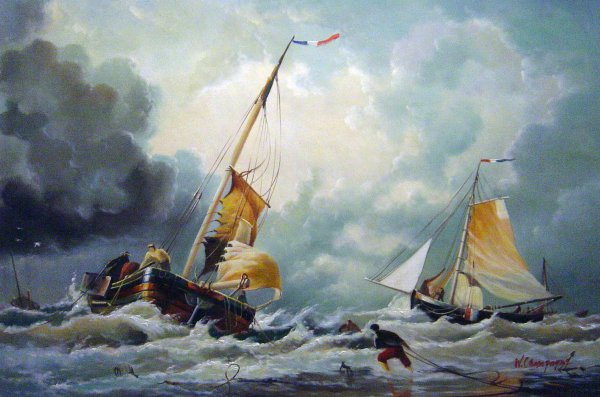 Dutch Pincks Arriving And Preparing To Put To Sea. The painting by Edward William Cooke