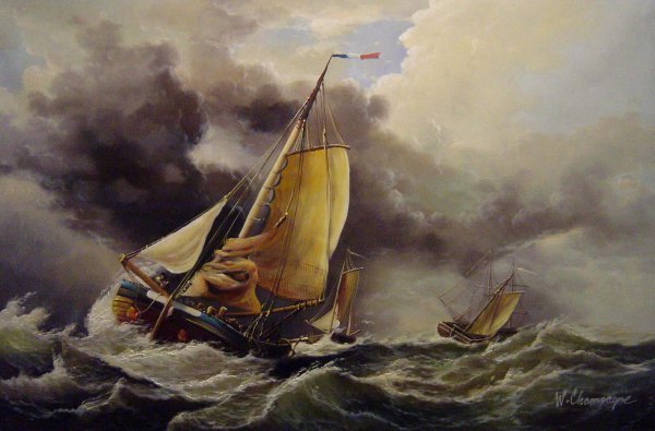 Dutch Pincks Running To Anchor Off Yarmouth. The painting by Edward William Cooke