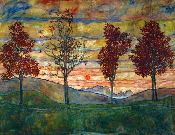 A Landscape with Four Trees. The painting by Egon Schiele