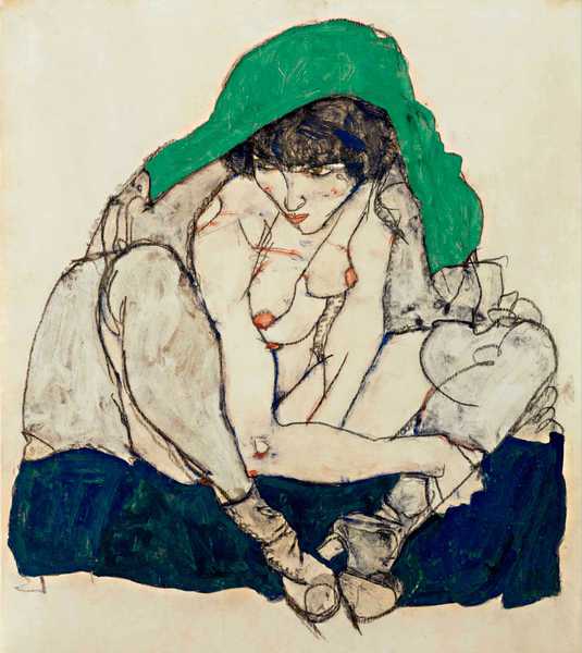 Crouching Woman with Green Kerchief. The painting by Egon Schiele