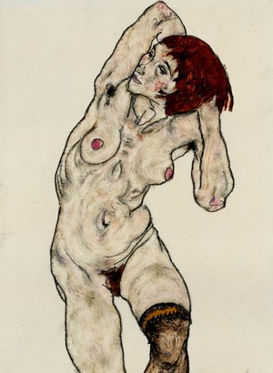 Egon Schiele, Female Nude with Black Stockings, Painting on canvas