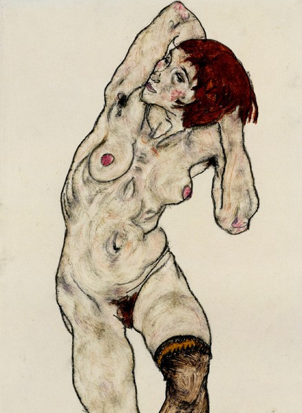 Female Nude with Black Stockings. The painting by Egon Schiele