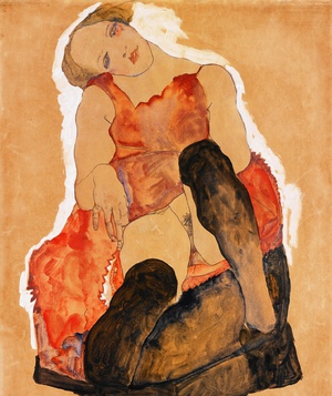 Egon Schiele, Girl with Black Stockings, Painting on canvas