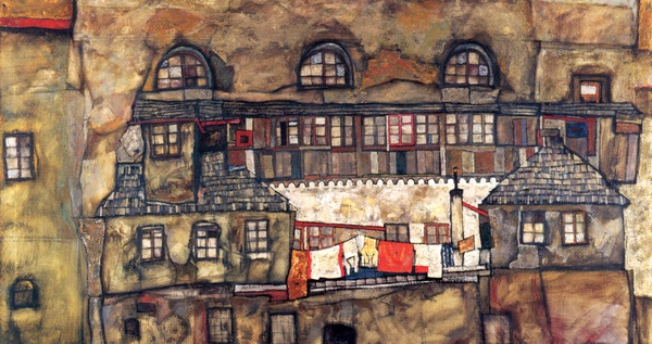 Houses on a River. The painting by Egon Schiele