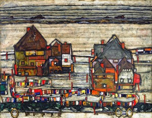 Egon Schiele, Houses with Laundry (Suburb II), Painting on canvas