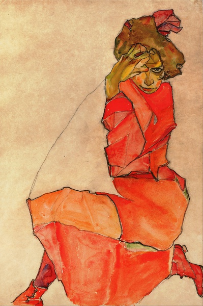 Kneeling Female in Orange-Red Dress. The painting by Egon Schiele