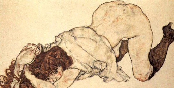 Kneeling Girl Propped on Her Elbows. The painting by Egon Schiele