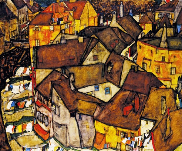 Krumau - Crescent of Houses (The Small City V) . The painting by Egon Schiele