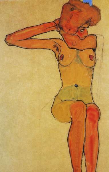 Nude Woman Hair-Dressing. The painting by Egon Schiele