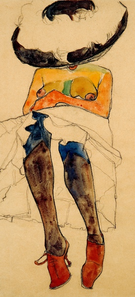 Seated Semi-Nude with Hat and Purple Stockings. The painting by Egon Schiele