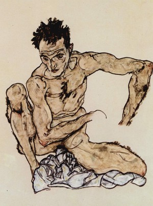Egon Schiele, Self-Portrait, Crouching Male Nude 1917, Painting on canvas