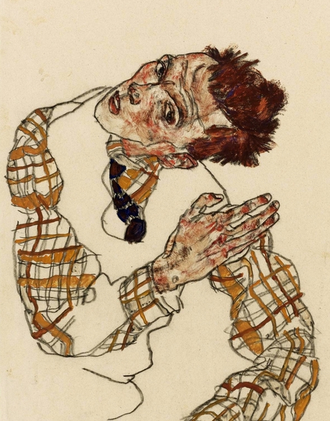 Self-Portrait with Checkered Shirt. The painting by Egon Schiele