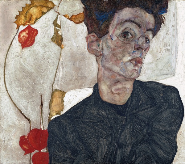 Self-Portrait with Physalis. The painting by Egon Schiele
