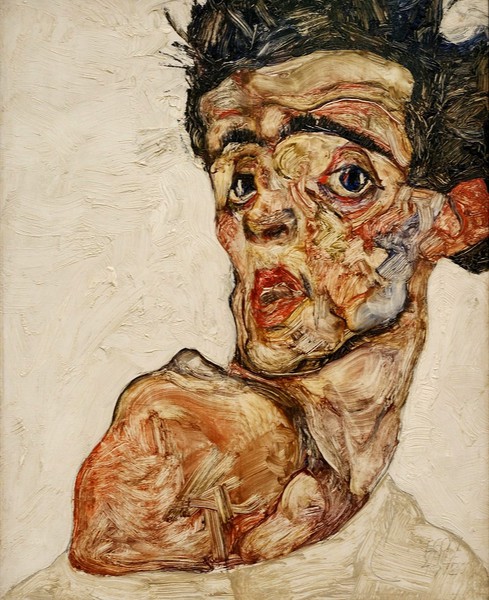 Self Portrait with Raised Bare Shoulder . The painting by Egon Schiele