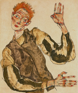 Egon Schiele, Self-Portrait with Striped Sleeves, Painting on canvas