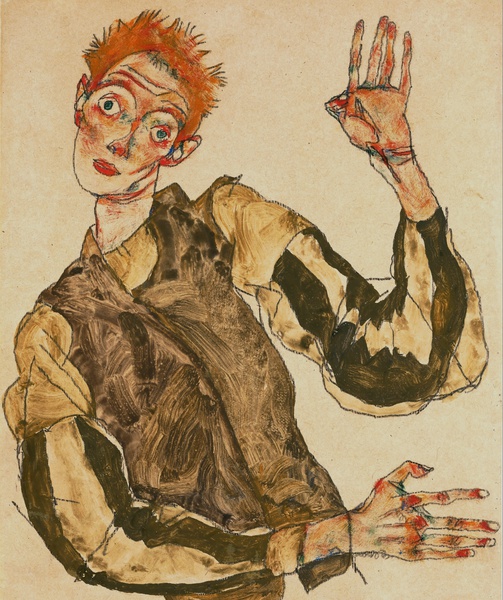 Self-Portrait with Striped Sleeves. The painting by Egon Schiele